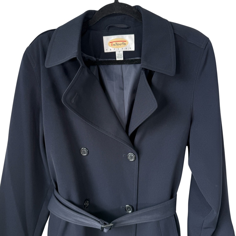Talbots Trench Coat Women 12P Navy Double Breasted Belted Professional Classic - Picture 15 of 16